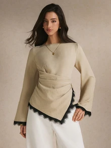 Poéselle 女款優雅秋季通勤蕾絲飾邊綁帶式襯衫 - 杏色 - 查看 3
