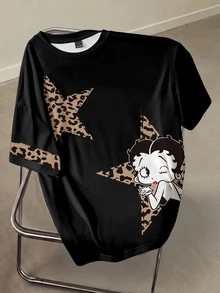 Betty Boop x SHEIN تي شيرت كاجوال صيفي بمقاس كبير بطبعة نمر ونجوم ورسوم كرتونية - أبيض - مشاهدة 1
