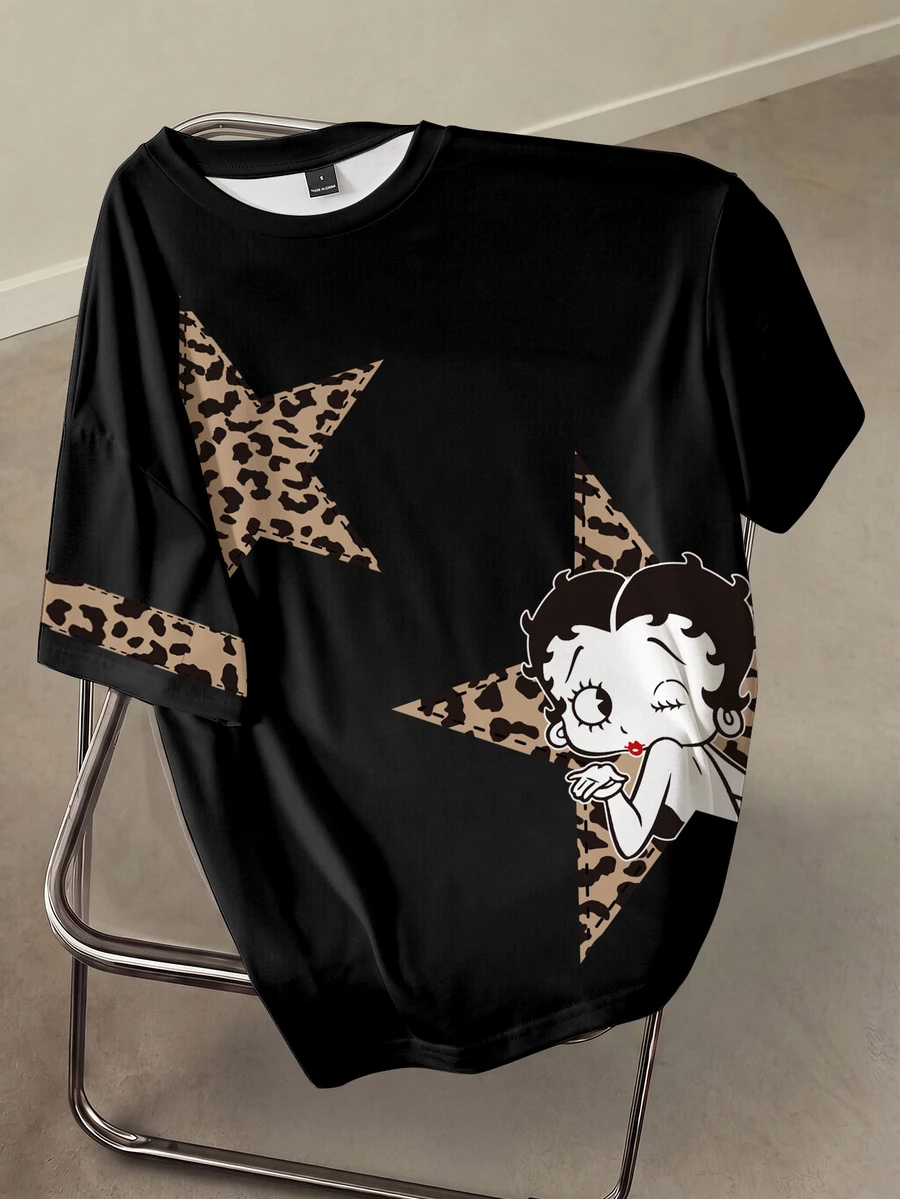 Betty Boop x SHEIN تي شيرت كاجوال صيفي بمقاس كبير بطبعة نمر ونجوم ورسوم كرتونية - أبيض - مشاهدة 1
