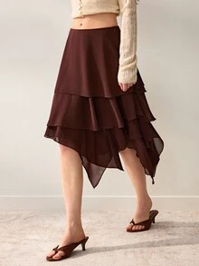 Willow Rêve Women's Brown Chiffon A-Line Asymmetrical Multi-Layer Ruffle Skirt, Solid Color Design, Layered Ruffle Craftsmanship, Fashionable Elegant Romantic Bohemian Style, Suitable For Summer Vacation, Party And Travel Outfits - Brown - View 3