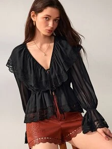 Willow Rêve Kemeja Longgar Hitam Wanita, Patchwork Renda Bunga Transparan, Kerah Berkerut, Ikatan Depan & Desain Lengan Lentera, Gaya Romantis Barat Musim Panas, Cocok Untuk Pesta - Hitam - View 7