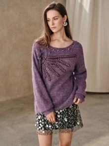 Anewsta French Autumn/Winter High-End Fashion Design Elegant Sophisticated Evening Style Heavy Beaded & Rhinestone Embellished Floral Stamen Sweater - Violet Purple - View 3