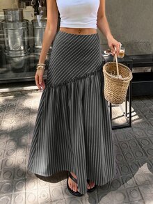Siren Gaze Vacation Casual Striped A-Line Long Skirt - Dark Grey - View 1