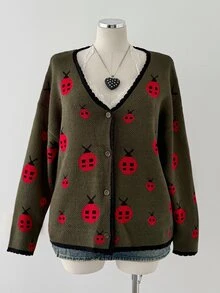 Sunspun Plus Size Women Animal Print Color Block Trim Cute Y2K Vintage Halloween Sweater Cardigan Autumn/Winter Back To School Season - Dark Green - View 5
