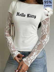 CovetEZ HELLO KITTY AND FRIENDS | SHEIN 95%棉夏季休閒針織蕾絲拼接二合一長袖女款上衣，聯名印花圖案，適合外出、街頭穿搭、機場、時尚、返校、Y2K、派對、海灘度假、假期 - 白色 - 查看 1