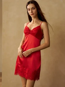 MOTF PREMIUM WOMEN'S SUMMER SOLID COLOR SATIN CONTRAST LACE RUCHED BUST SPAGHETTI STRAP SLEEP DRESS - Red - View 5