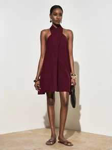 Zivah Women's Solid Color Criss-Cross Halter Neck Casual Mini Dress - Burgundy - View 8