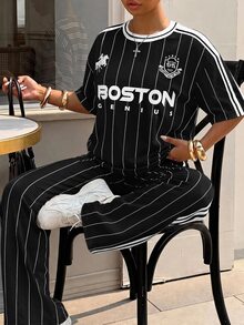 SHEIN EZwear 大尺碼女款字母騎士圖案短袖上衣與長褲休閒日常套裝 - 黑色 - 查看 8