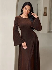 Veilorie Women's Elegant Bell Sleeve Arabian Dress - Coffee Brown - View 7