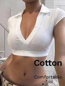 SHEIN SXY 女款純色領口短版修身性感短袖T恤 - 白色 - 查看 3