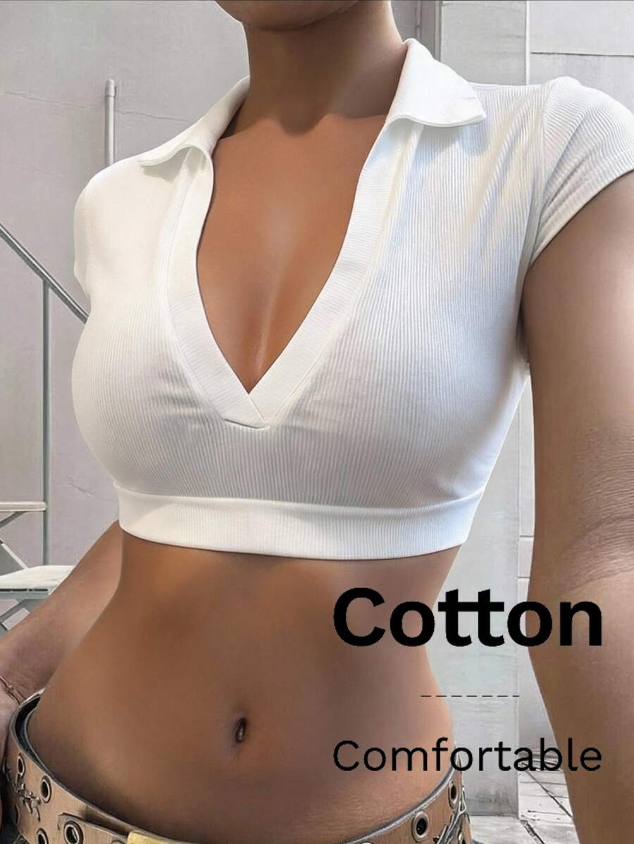 SHEIN SXY Women's Solid Color Collared Cropped Fitted Sexy Short Sleeve T-Shirt - White - View 1