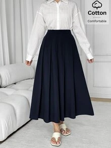 Solavon 大尺碼女款素色百褶休閒百搭日常裙 - 藏蓝色 - 查看 6