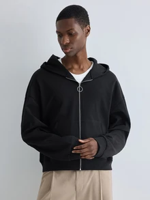 Merionis Men's Solid Color Drop Shoulder Long Sleeve Zip-Up Casual Hoodie - Black - View 7