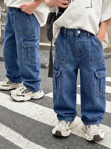 SHEIN 兒童小男孩休閒日常穿著工裝牛仔長褲，附口袋與鈕扣 - 深色水洗藍 - 查看 1