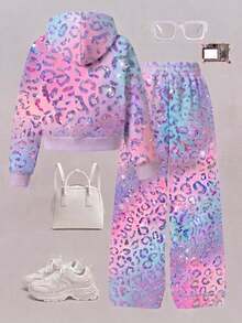 Girls (Small) Hoodie Set, Gradient Colorful Leopard Print Hooded Sweatshirt Set, Dreamy Pink Blue Purple Gradient Base Color, Shiny Metallic Leopard Print All-Over Pattern, Casual Loose Fit - Multicolor - View 2