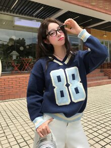 DAZY Women's V-Neck Korean Style English Letter Print Long Sleeve Deer Fleece Sweater Fall - Blue - View 7
