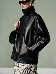 Aveloria Modichic Autumn/Winter Textured Faux Leather PU Black Solid Color Metal Button Stand Collar Turn-Down Multi-Wear Oversized Minimalism Retro Jacket Night Out - Black - View 5