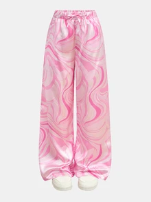 SHEIN 兒童青少年女孩秋冬休閒街頭時尚綁帶印花腰部口袋寬鬆寬腿褲，適合返校與日常穿著 - 粉色 - 查看 3