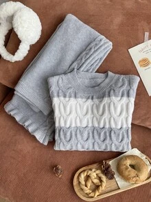 SHEIN Grårandigt kontrastfärgat stickat 2-delat set för höst/vinter för kvinnor och stora tween-flickor, rundhalsad pullovertröja med lång ärm och tvinnat repmönster, stickade byxor med volangfåll, avslappnat, varmt och bekvämt, lämpligt för dagligt bruk - Grå - Visa 8