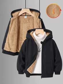 SHEIN 兒童青少年男孩休閒保暖內裡加厚寬鬆連帽外套，冬季外套，男孩服飾，基礎上衣，適合秋冬季節，校園穿著 - 黑色 - 查看 2