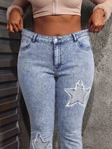 Slaydiva Plus Size Women's High Waist Skinny Cropped Denim Jeans With Star Applique And Ripped Frayed Hem - Medium Wash - View 5
