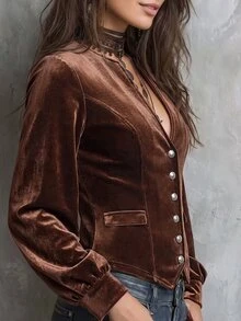 Solivie Women's Elegant Velvet Slim Fit Jacket, Autumn  Party  Going Out Tops Casual Blouses For Women Elegant Women's Blouses - Camel - View 4