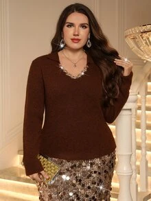 Miaspire Plus Size Women's Fashion Elegant Sequin Braided Neckline Decor Lapel Brown Slim Fit Pullover Sweater Casual Versatile Commute Autumn/Winter Top - Brown - View 3