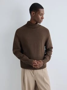 Merionis Men's Solid Color Brown Turtleneck Long Sleeve Casual Versatile Sweater - Coffee Brown - View 4