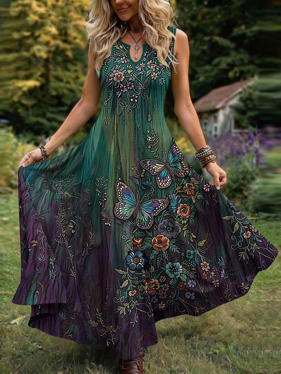 Breezaya Plus Size Women's Boho Butterfly Floral Print Notch V-Neck Sleeveless Maxi Dress, Vintage Gradient Long Swing Dresses For Fall Holiday,Music Festival - Multicolor - View 1
