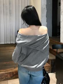 DAZY 露肩折領寬鬆長袖衛衣，小眾慵懶風秋季款 - 灰色 - 查看 2