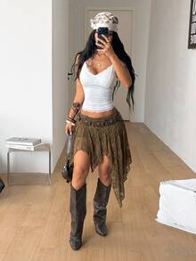 Coolane 女款蕾絲不對稱下擺時尚裙 - 軍綠色 - 查看 7