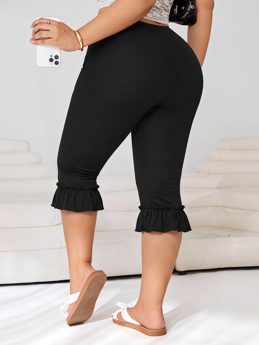 SHEIN EZwear 大尺碼休閒百搭純色荷葉邊褲腳長褲 - 黑色 - 查看 1