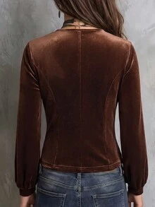Solivie Women's Elegant Velvet Slim Fit Jacket, Autumn  Party  Going Out Tops Casual Blouses For Women Elegant Women's Blouses - Camel - View 2