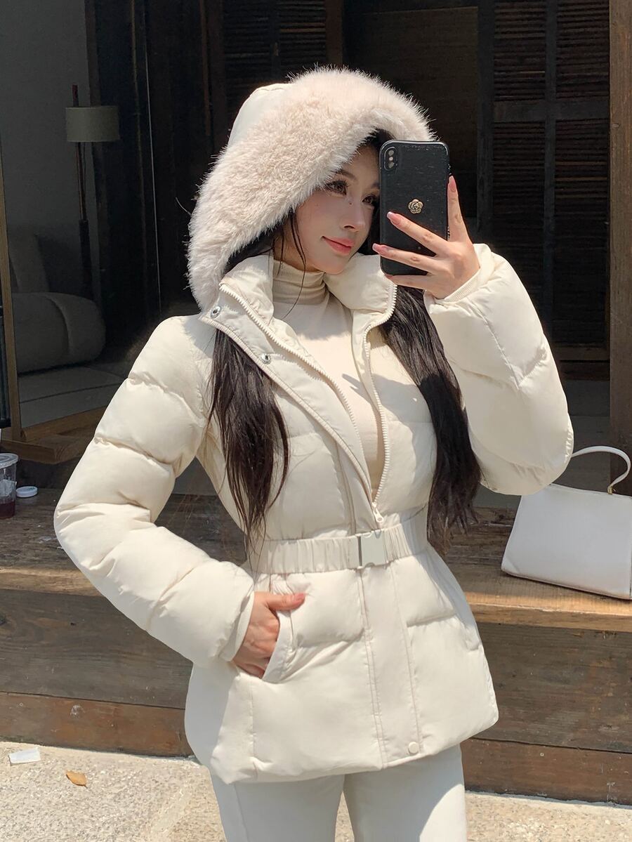 DAZY Women's Winter Hooded Cream White Fur Collar Cinched Waist Waist Zipper Short Slim Fit Elegant Commute Date Padded Coat - Apricot - View 1