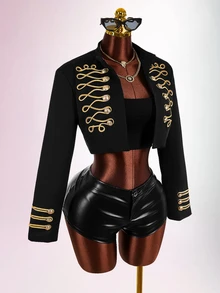 Amplova Women's Long Sleeve Casual Napoleon Cropped Jacket - Black - View 10