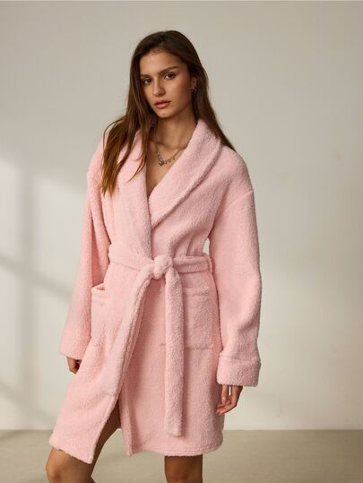 Ocili Accappatoio da donna alla moda minimalista comodo in peluche rosa con collo a revers corto