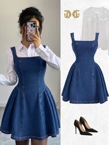 Elenzga High Elasticity Denim Tank Dress - Blue - View 1