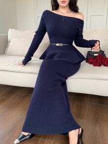 Feyla New Asymmetrical Elegant Asymmetrical Shoulder Waist-Cinching A-Line Knit Top And Bodycon Skirt Set - Navy Blue - View 2