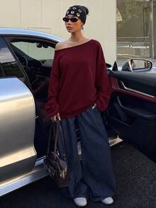SHEIN EZwear 酒紅色女款露肩寬鬆休閒長袖衛衣 34%棉 - 酒紅色 - 查看 6