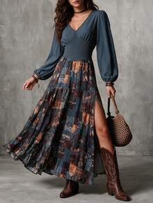 Trelyra Women's Fashion Elegant Casual Vacation Style Patchwork Pattern Shirred Side Slit Dress - Gray Blue - View 5