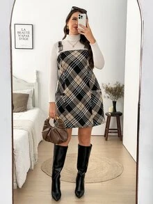 SHEIN LUNE 大尺碼夏季休閒優雅傳統復古格紋吊帶裙 高茶會俱樂部早午餐畢業旅行晚宴生日 白色黑色 - 彩色 - 查看 10