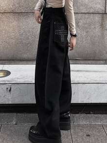 FRIFUL Celana Jeans Denim Kasual Wanita dengan Saku Motif Silang dan Hem Melengkung - Hitam - View 2