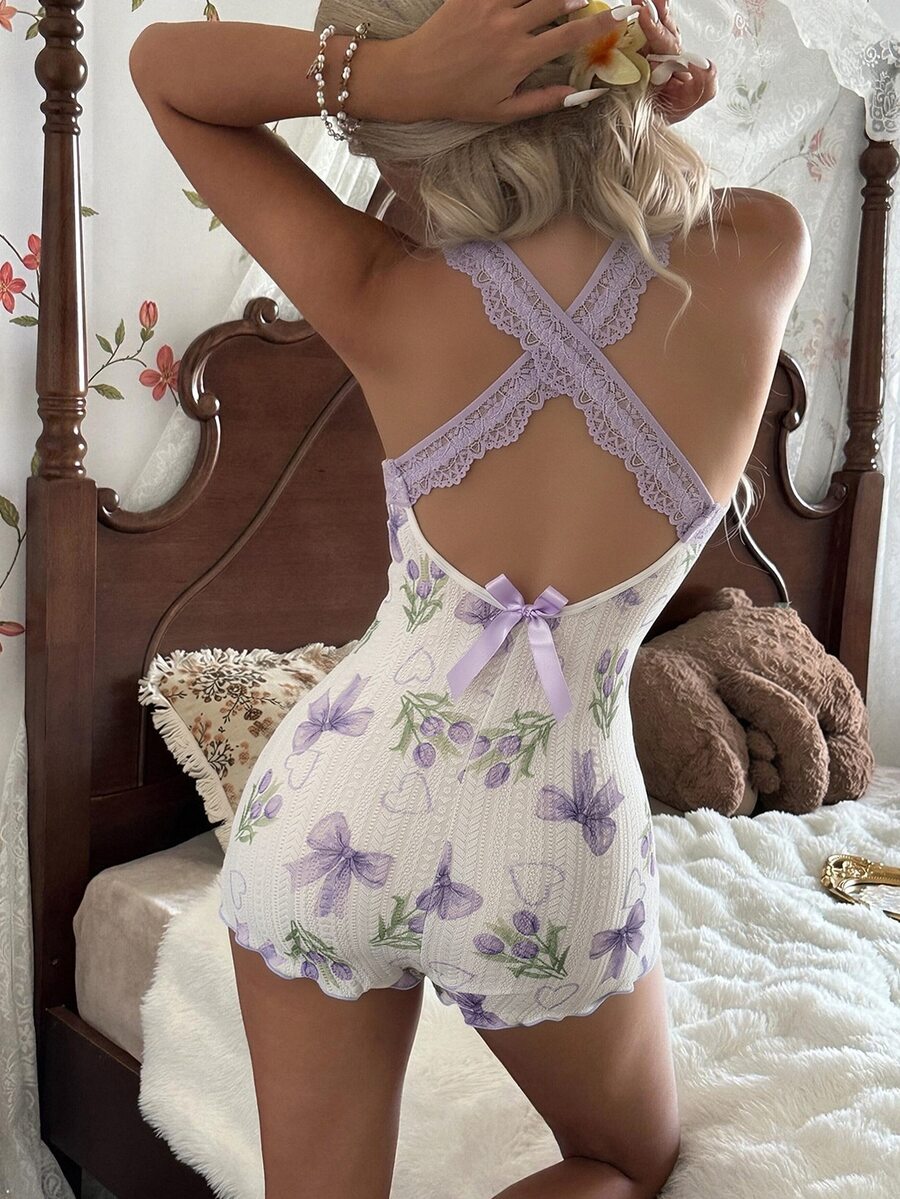 CottageSlumber Purple Tulip Lace Spaghetti Strap Jumpsuit, Criss-Cross Back Bow Sweet Home Sleepwear - White - View 1