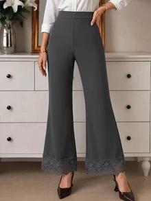 Modelyn Women's Elegant Lace Trim Patchwork Flare Pants - Dark Grey - View 7