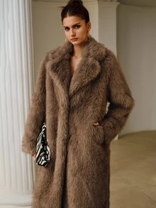 ZEYLAH Faux Fur Oversized Lapel Long Shaggy Coat - Light Grey - View 7