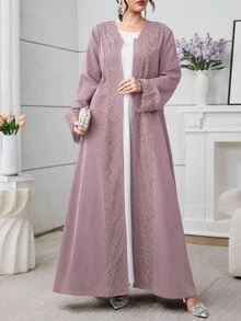 Al Najma 女款長版寬鬆休閒日常蕾絲飾邊黑色晨袍 - 粉色 - 查看 3