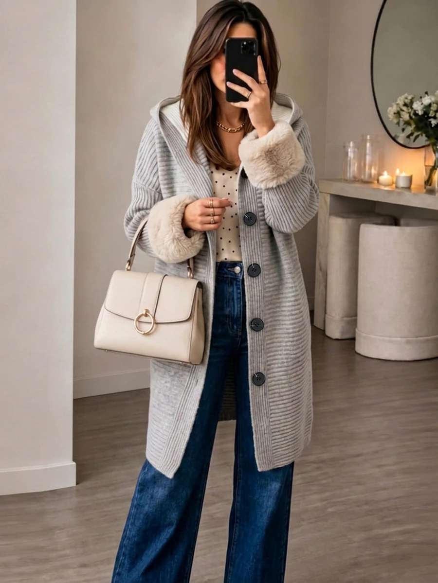 Zayélia Women's Dropped Shoulder Long Sleeve Single-Breasted Patchwork Faux Fur Cuff Hooded Regular Jacket - Multicolor - View 1