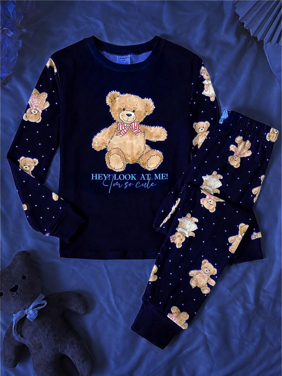 SHEIN Tween女孩秋冬日常居家甜美卡通螢光波點卡通熊蝴蝶結印花長袖套頭上衣與配套長褲套裝,2件式黑色修身居家服套裝 - 黑色 - 查看 1