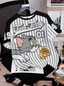 TOM & JERRY X SHEIN 女款夏季休閒拼色條紋卡通印花T恤 - 白色 - 查看 3