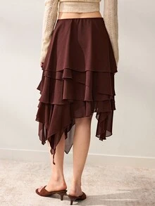 Willow Rêve Women's Brown Chiffon A-Line Asymmetrical Multi-Layer Ruffle Skirt, Solid Color Design, Layered Ruffle Craftsmanship, Fashionable Elegant Romantic Bohemian Style, Suitable For Summer Vacation, Party And Travel Outfits - Brown - View 2